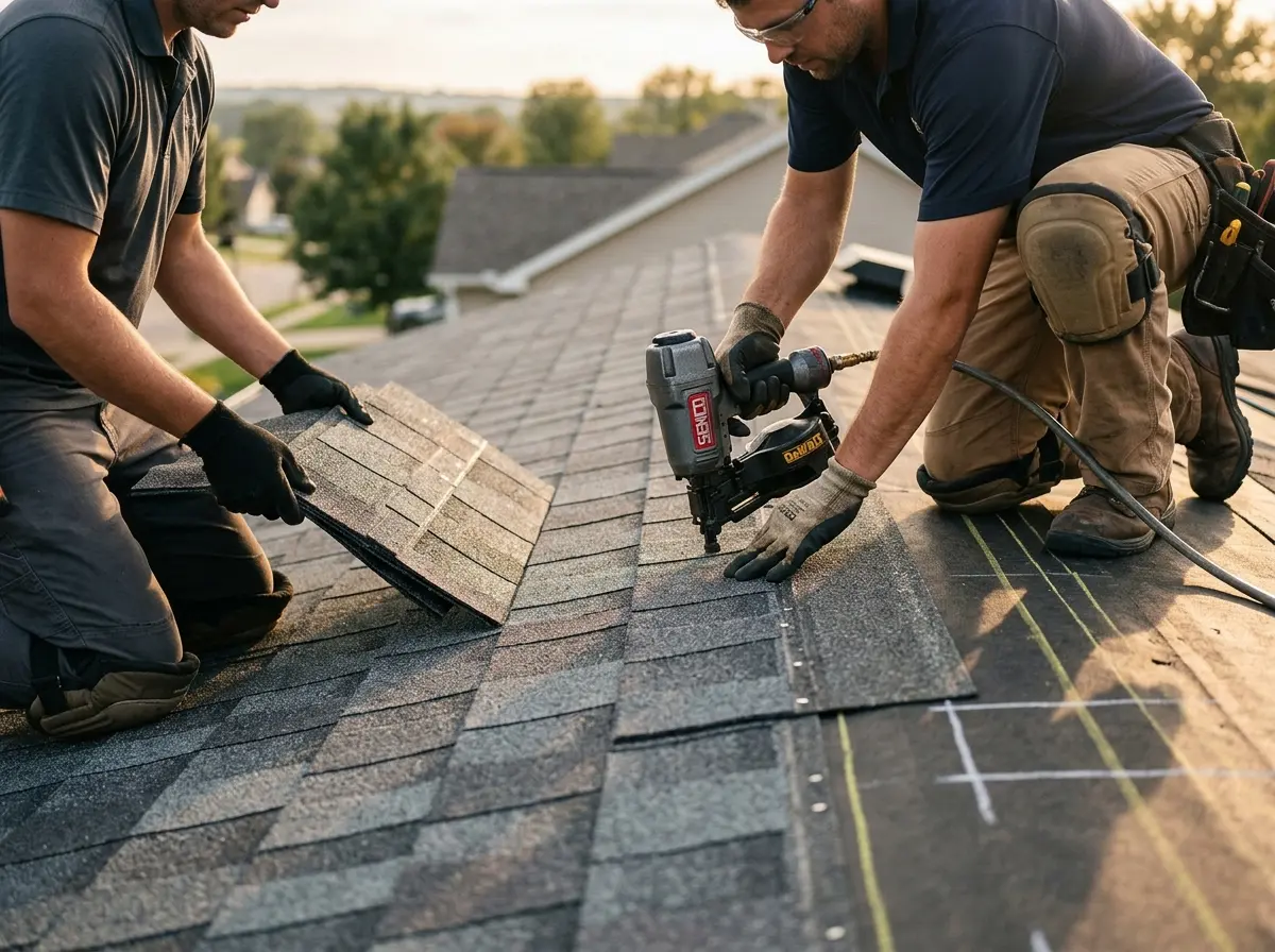 Professional roofer working on a residential roof in Cranberry